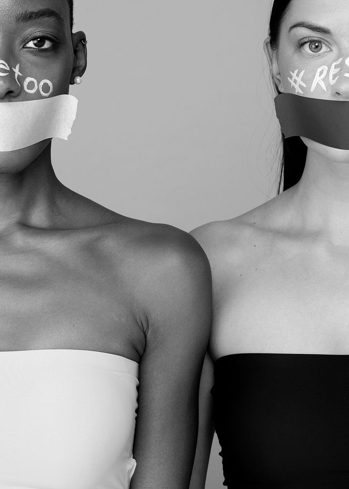 Women with taped mouths for feminist campaign poster