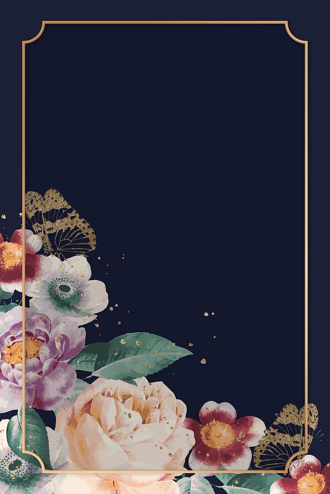 Floral colorful peony vector gold frame watercolor navy blue background