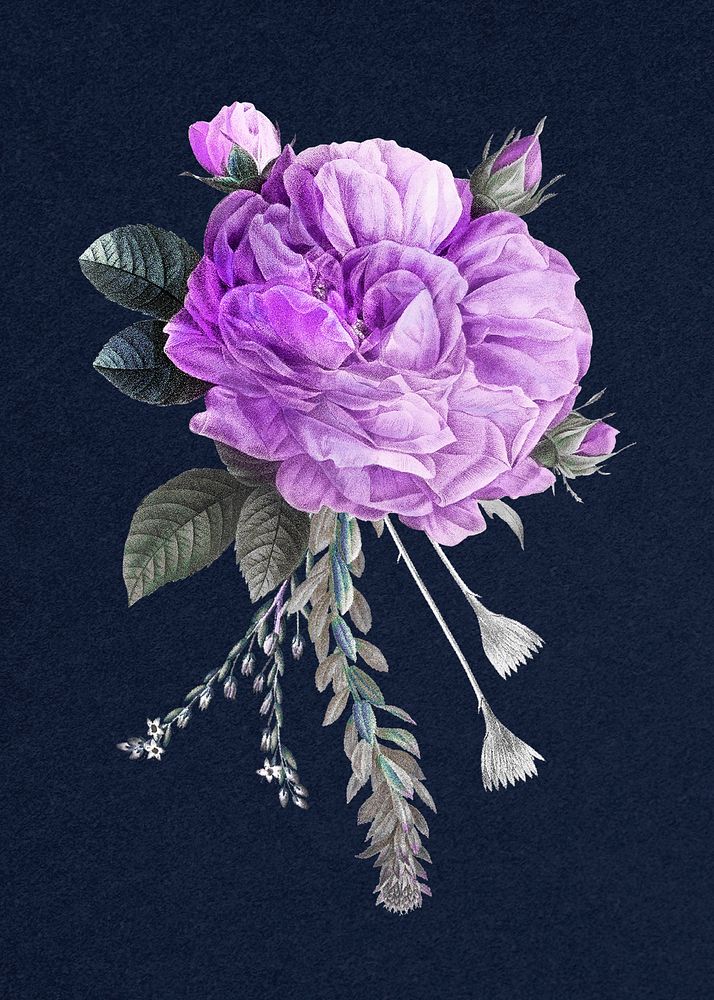 Vintage purple psd French rose bouquet hand drawn illustration