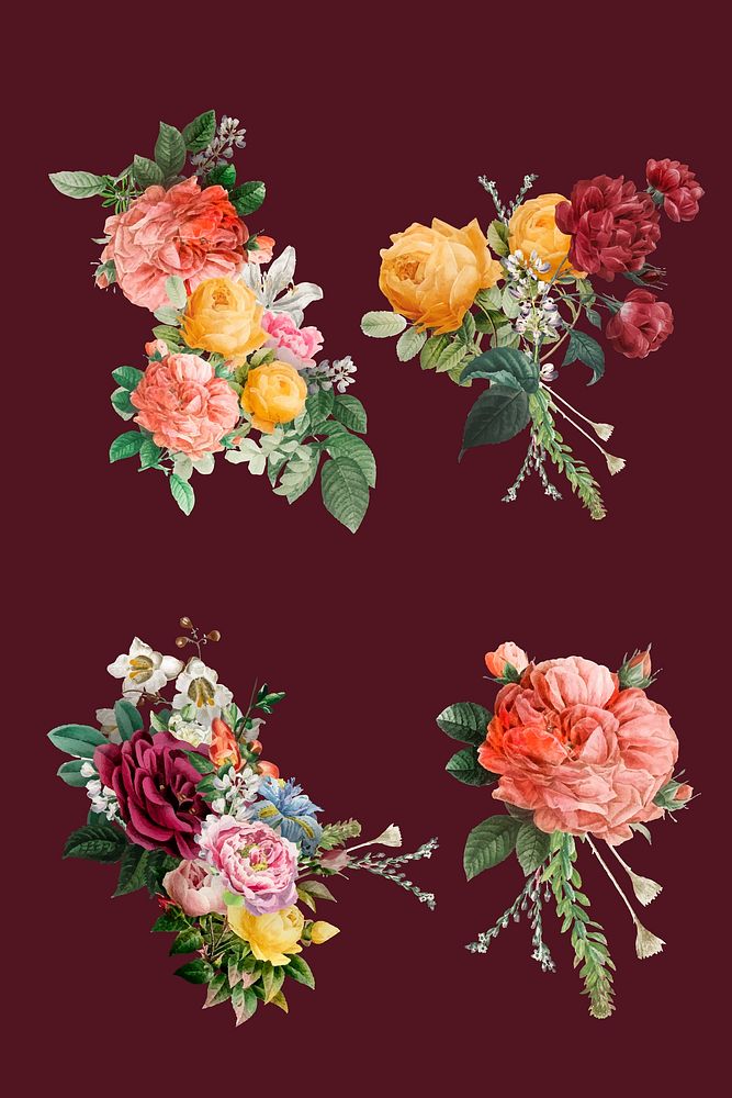 Vintage colorful flowers bouquet vector watercolor illustration set