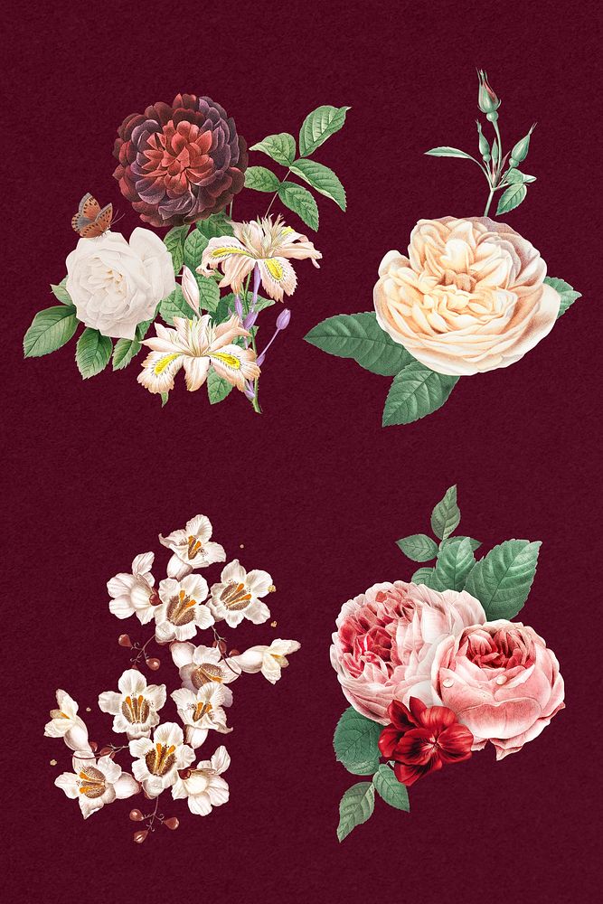 Floral flowers bouquet psd colorful watercolor illustration set
