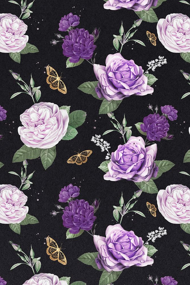 Purple cabbage roses and butterfly watercolor pattern