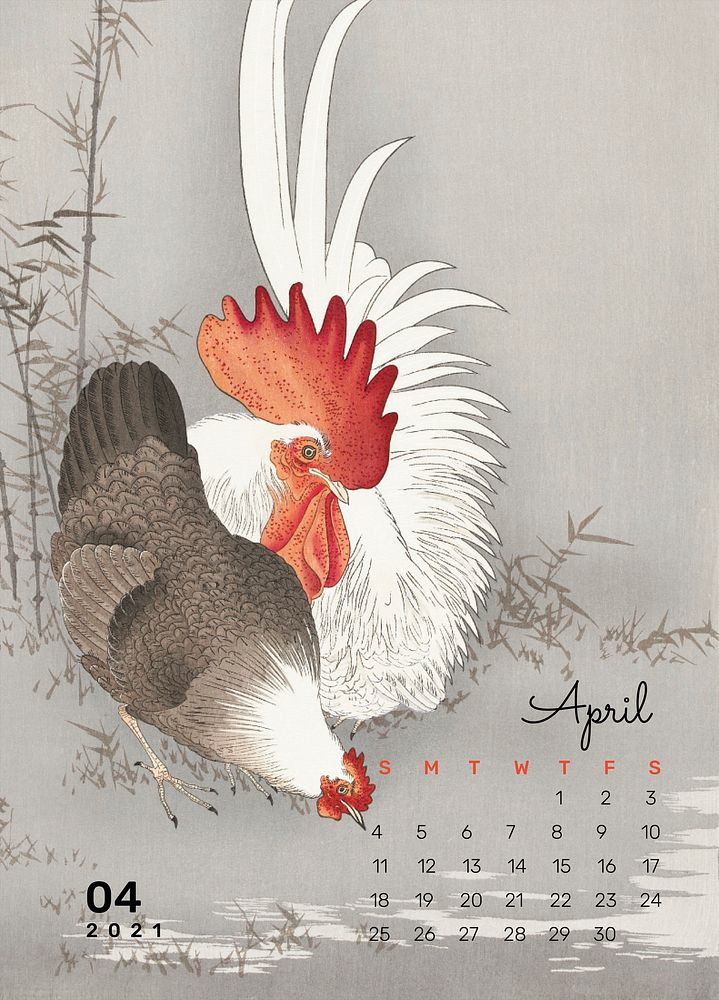 Calendar 2021 April printable template psd rooster and chicken remix from Ohara Koson