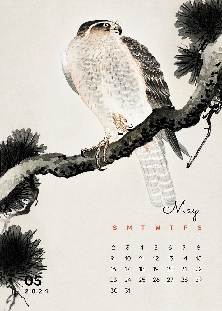 Calendar 2021 May printable agenda eagle remix from Ohara Koson
