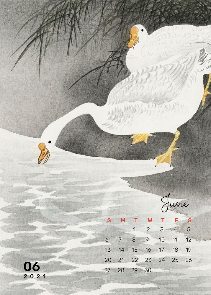 Calendar 2021 June printable agenda geese on the shore remix from Ohara Koson