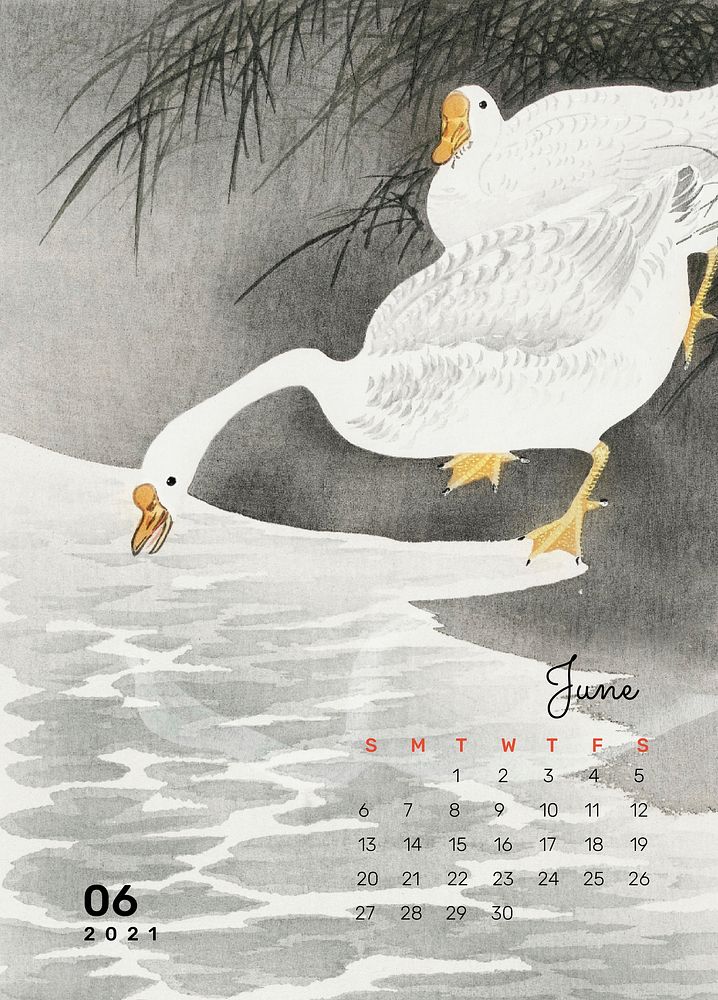 Calendar 2021 June printable template vector geese on the shore remix from Ohara Koson