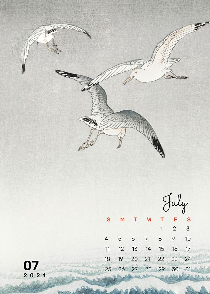Calendar 2021 July printable agenda seagull bird remix from Ohara Koson