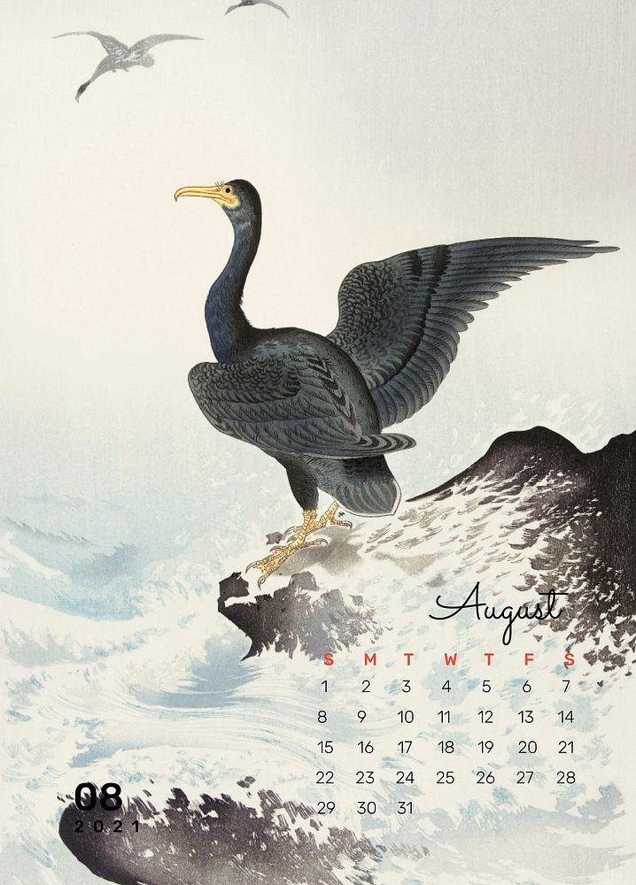 Calendar 2021 August printable template vector red mask cormorant on rock remix from Ohara Koson