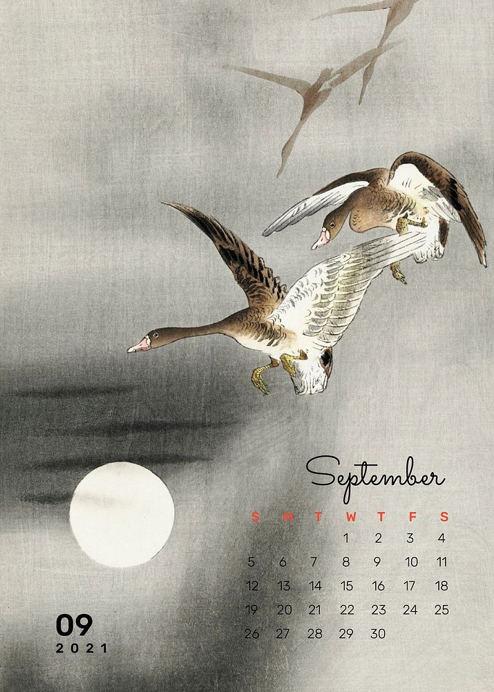 2021 Calendar September printable template vector geese remix from Ohara Koson