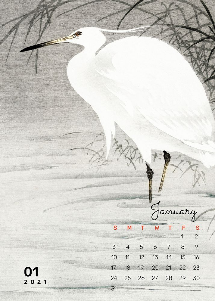 Calendar 2021 January printable agenda egret bird remix from Ohara Koson