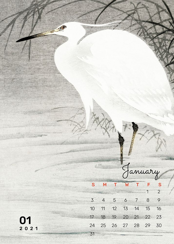 2021 Calendar January printable template vector egret bird remix from Ohara Koson