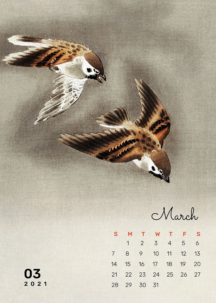 Calendar 2021 March printable agenda ring sparrow bird remix from Ohara Koson