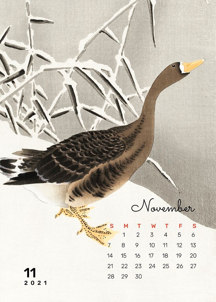 Calendar 2021 November printable agenda white-fronted goose in the snow remix from Ohara Koson