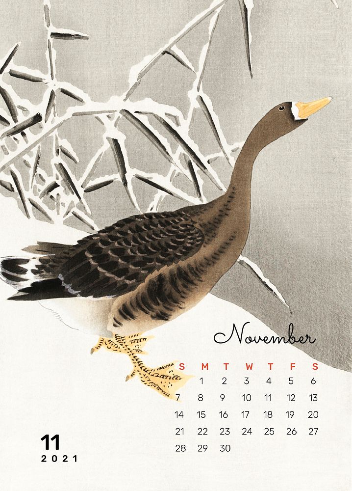 2021 Calendar November printable template vector white-fronted goose in the snow remix from Ohara Koson