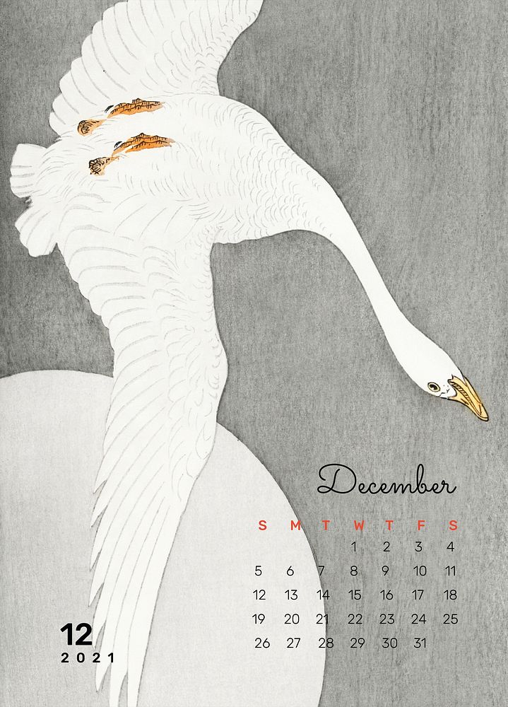 Calendar 2021 December printable template psd goose at full moon remix from Ohara Koson