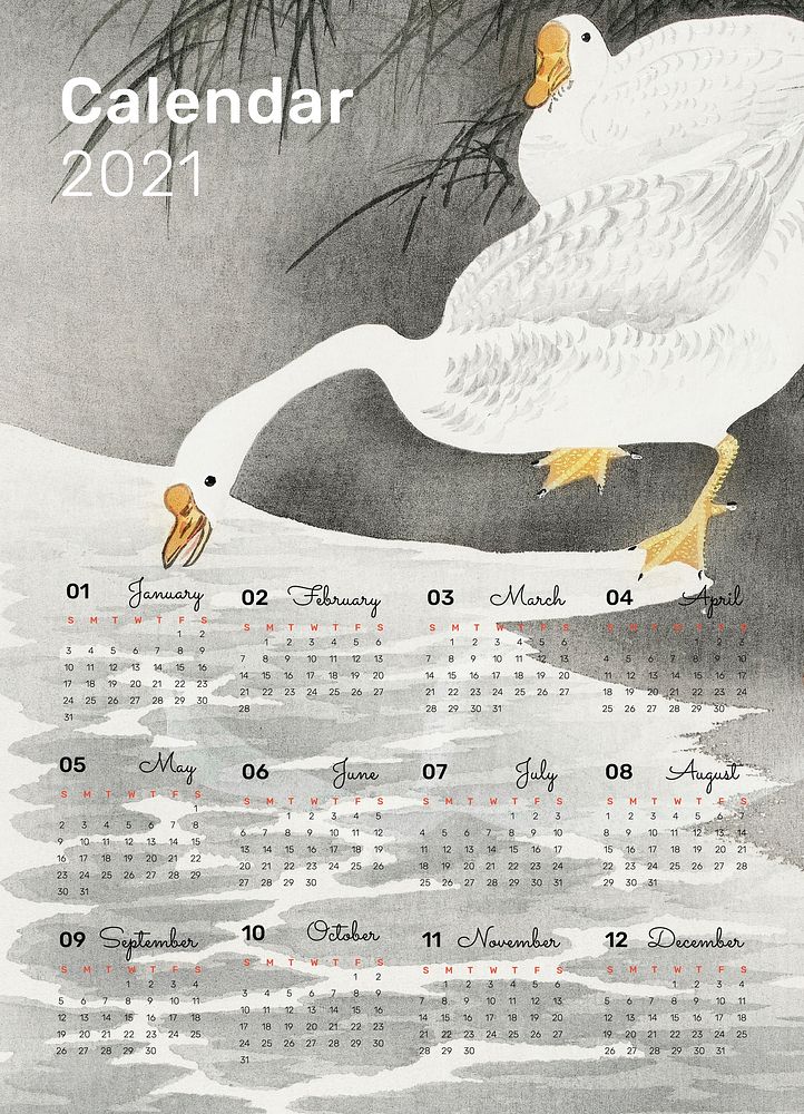 2021 calendar printable set geese on the shore remix from Ohara Koson