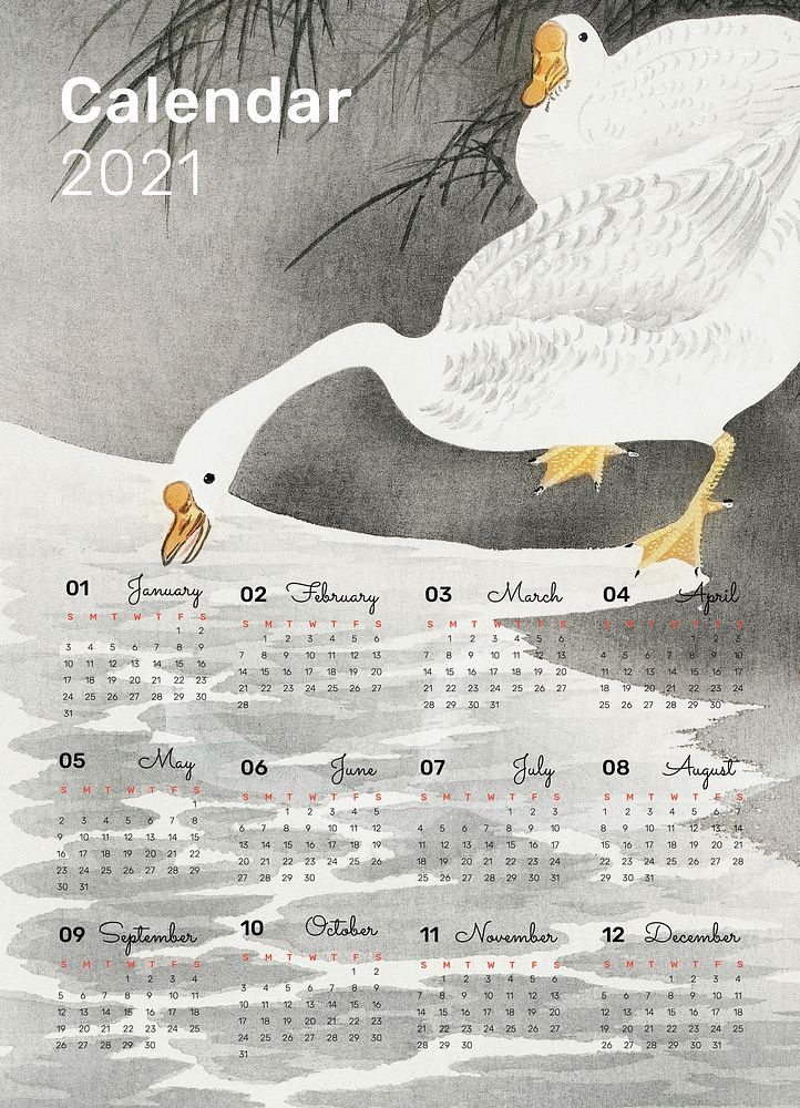 2021 calendar printable template vector set geese on the shore remix from Ohara Koson