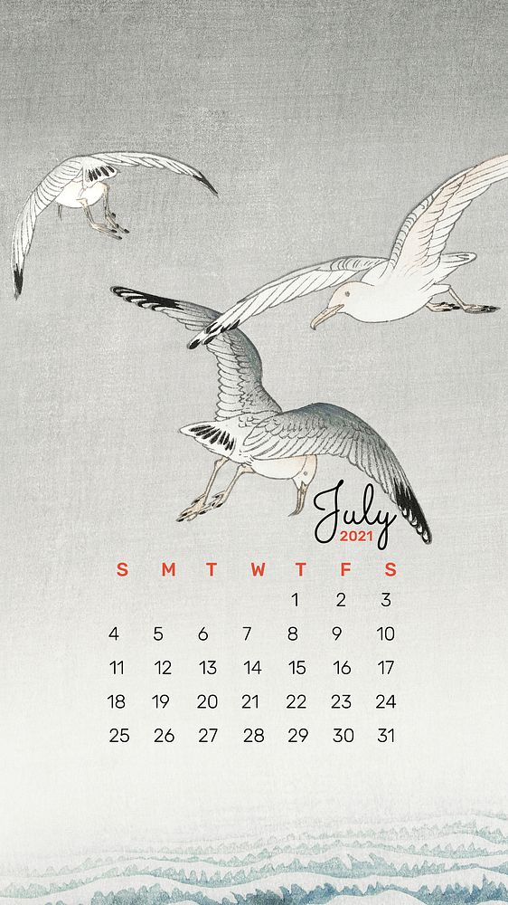 Calendar 2021 July template phone wallpaper vector seagull birds remix from Ohara Koson