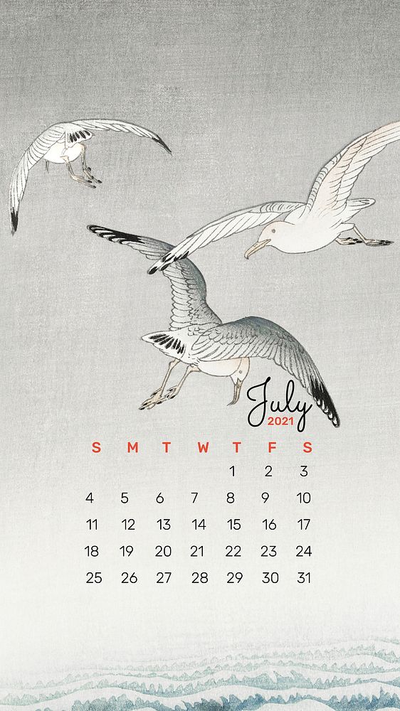 Calendar 2021 July phone wallpaper seagull birds remix from Ohara Koson