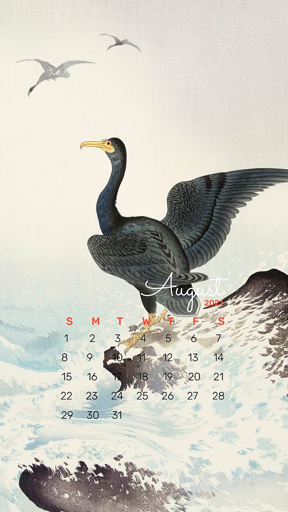 Calendar 2021 August template phone wallpaper vector red mask cormorant on rock remix from Ohara Koson