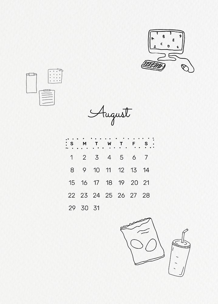 August 2021 printable month cute doodle drawing
