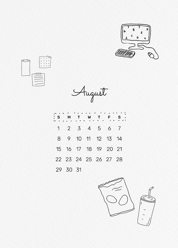 August 2021 printable template psd month cute doodle drawing
