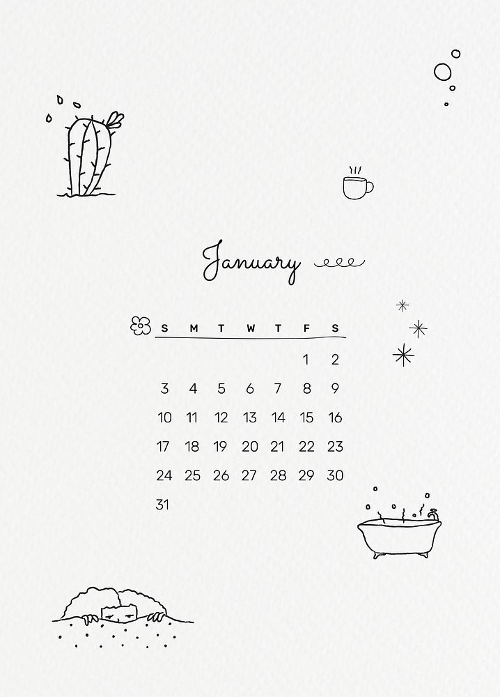 January 2021 printable month cute doodle drawing