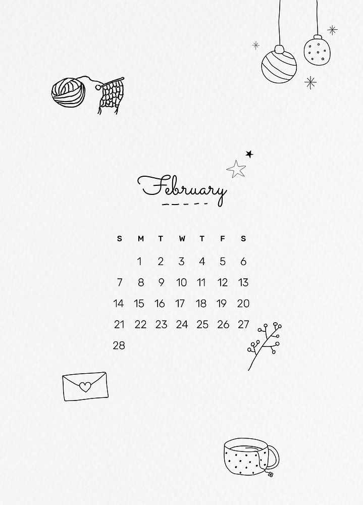 February 2021 printable template psd month cute doodle drawing