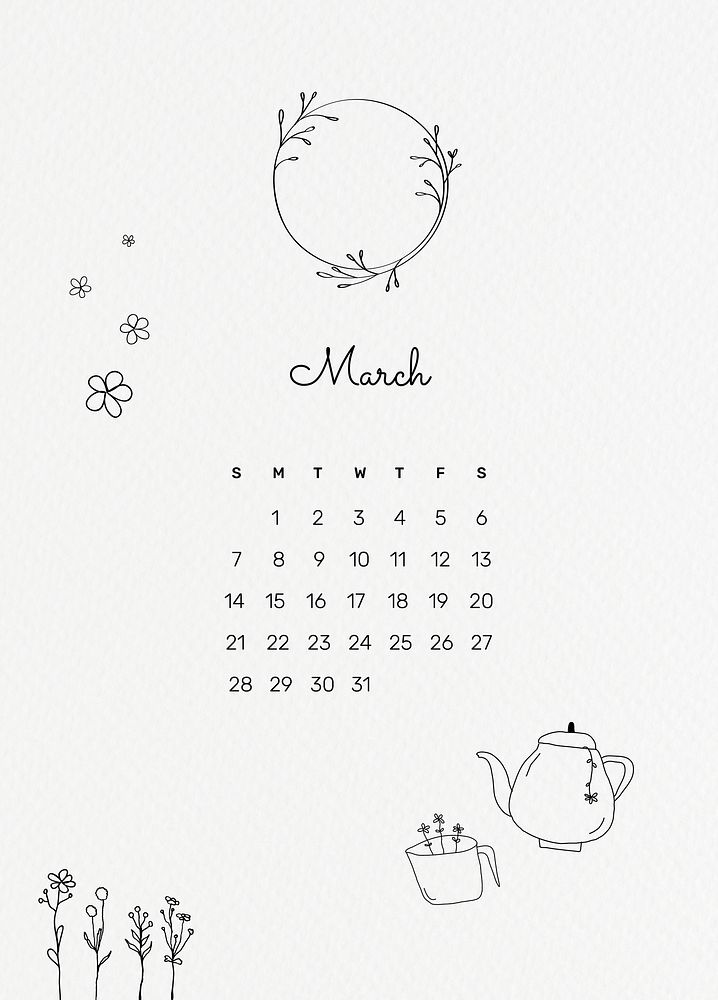 March 2021 printable month cute doodle drawing