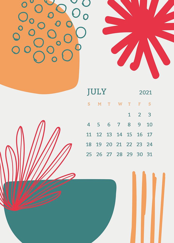 July 2021 printable template vector month Scandinavian mid century background