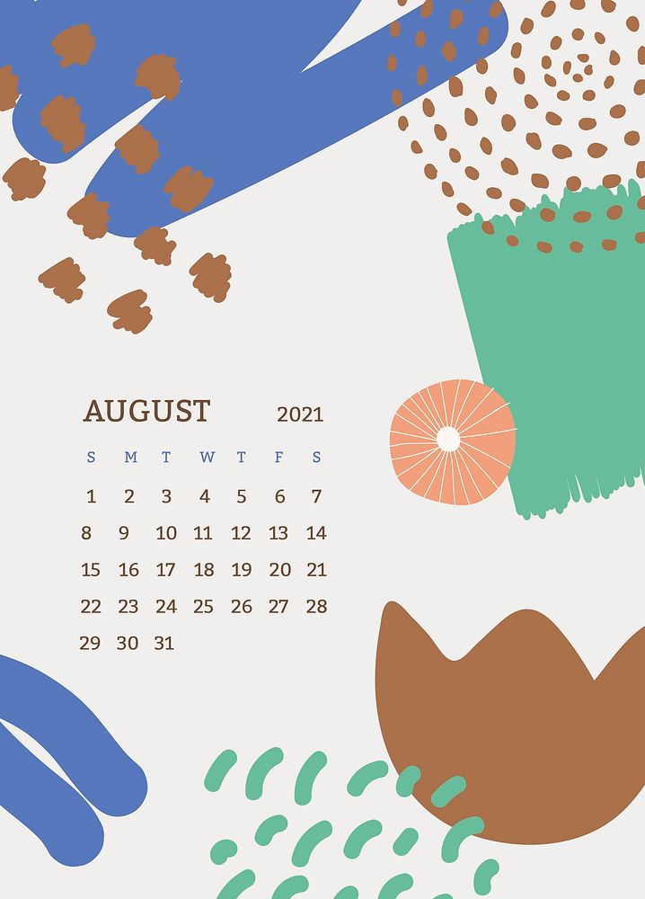 August 2021 printable month Scandinavian mid century background