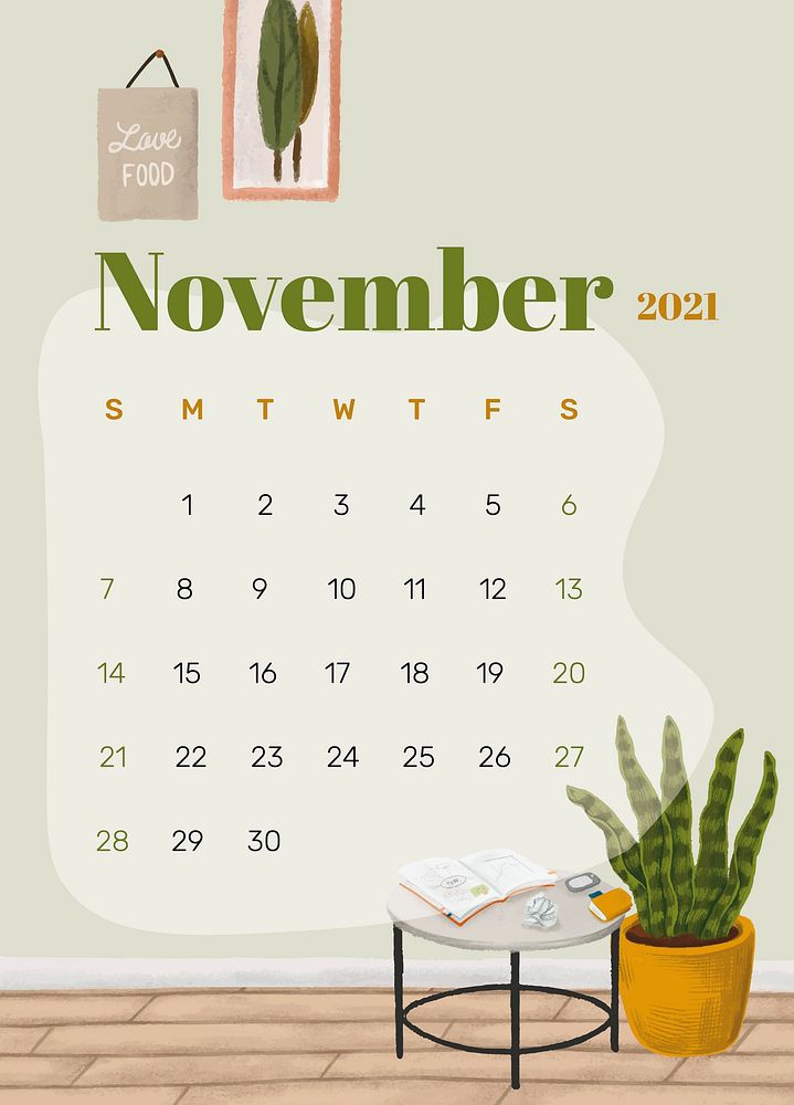 2021 calendar November printable template psd hand drawn lifestyle
