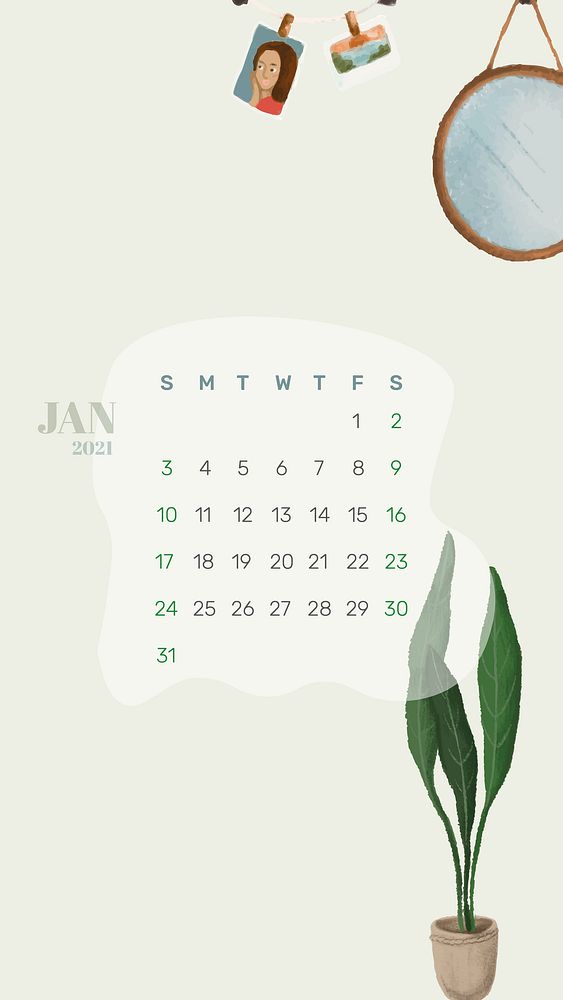 Calendar 2021 January phone wallpaper hand drawn lifestyle