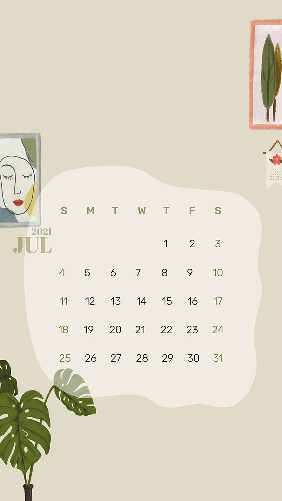 Calendar 2021 July phone wallpaper hand drawn lifestyle