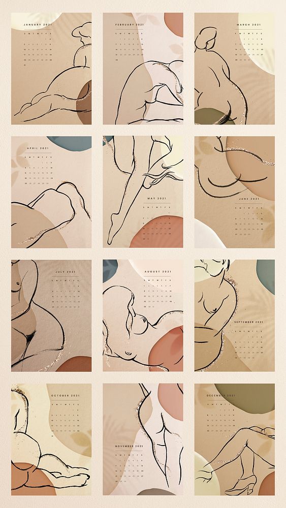 Calendar 2021 printable template vector set abstract feminine background