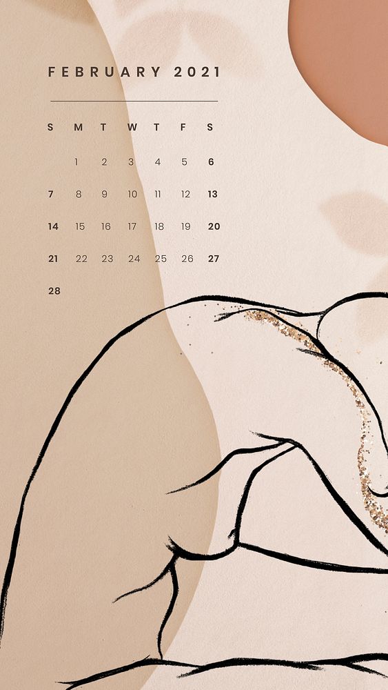February 2021 printable month sketched nude lady background