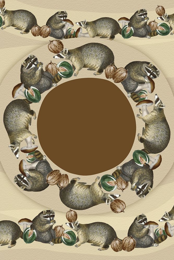 Raccoon pattern circle frame eating nuts in a nest illustration