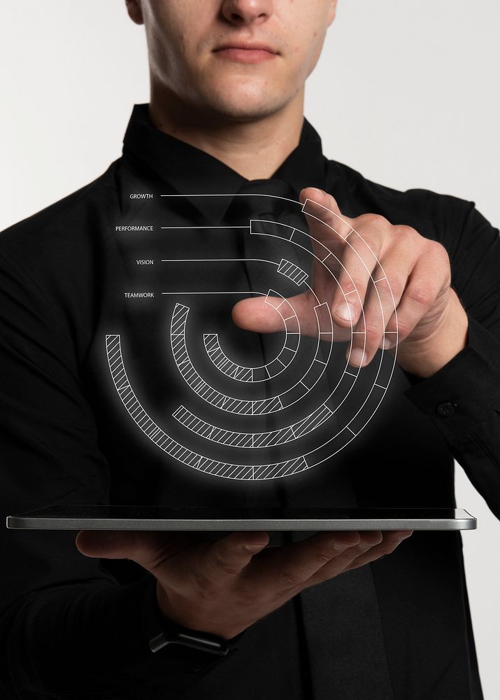 Futuristic digital presentation by a businessman in formal black shirt