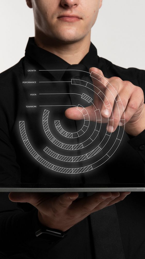 Futuristic digital result presentation by a businessman in black shirt