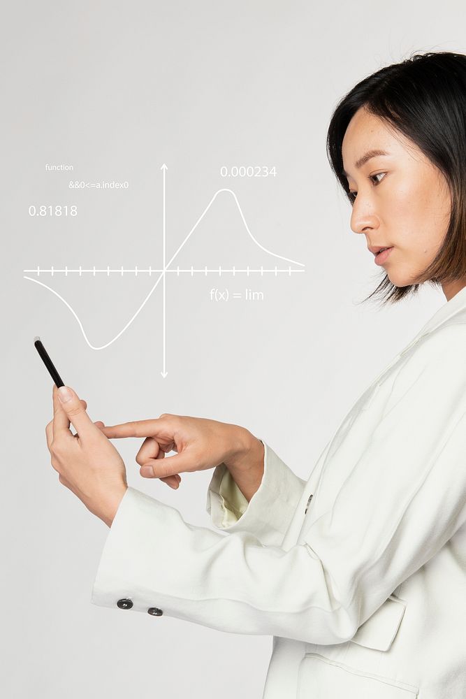 Futuristic digital line graph presentation by a businesswoman in white suit