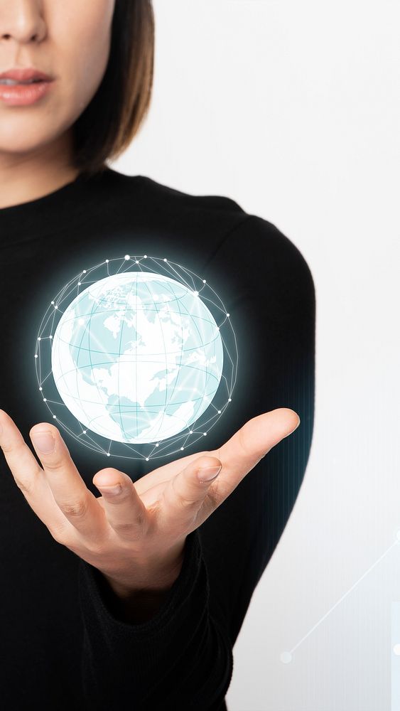 Woman holding a digitally generated globe