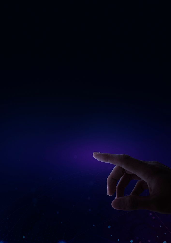 Finger touching an interactive dark blue presentation screen