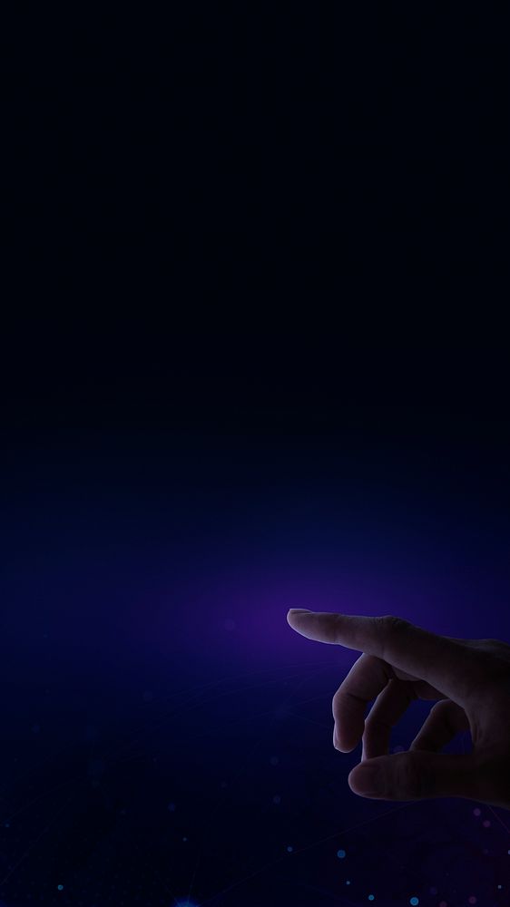 Finger touching an interactive dark blue presentation screen