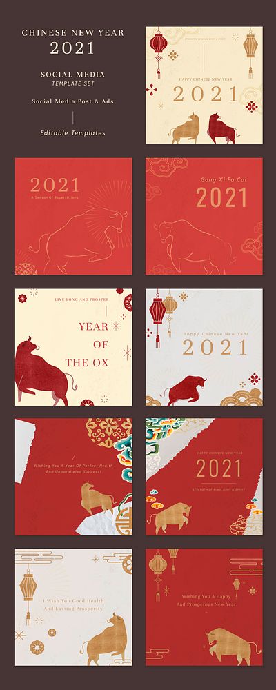 Chinese New Year file templates greeting 2021 social media post set