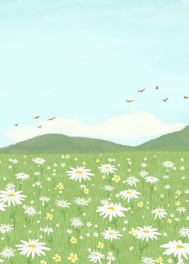 Blooming daisy field vector background with mountain poster