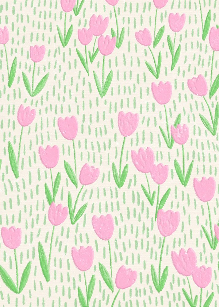 Pink tulip field vector background line art poster
