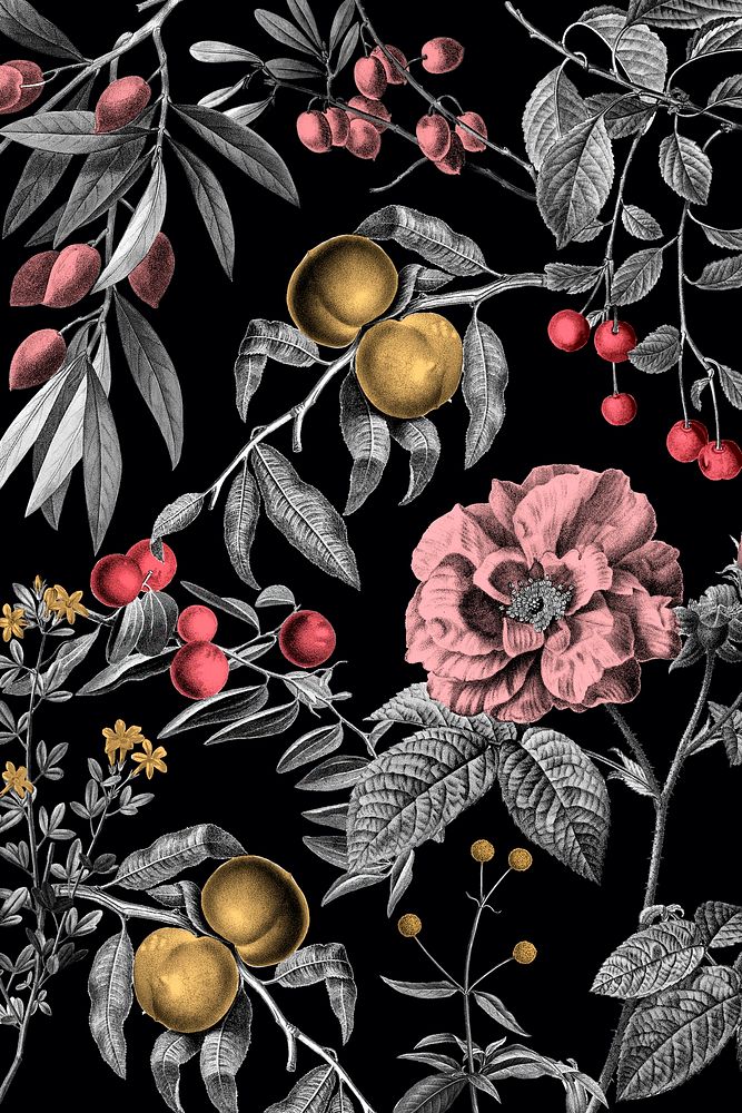 Elegant rose floral pattern pink fruits vintage illustration