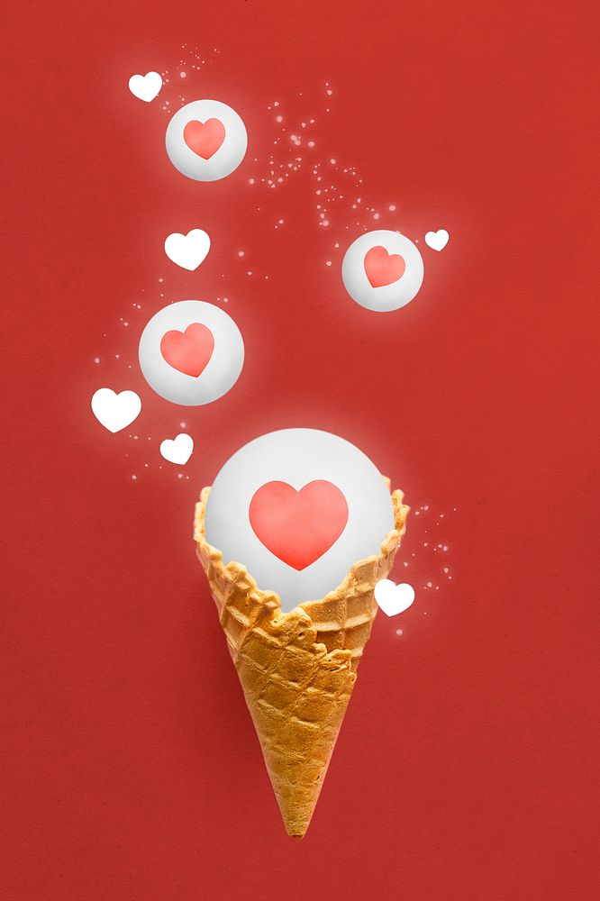 Cute love red background social media reaction in ice-cream cone