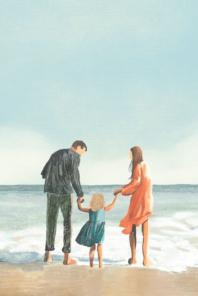 Family at beach background vector color pencil illustration