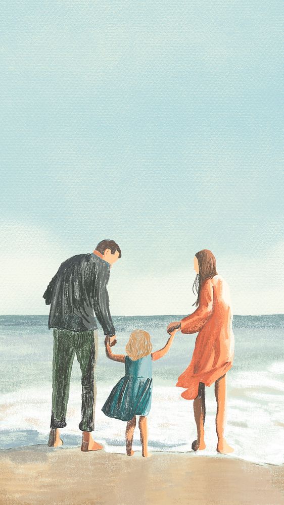 Family at beach mobile wallpaper color pencil illustration